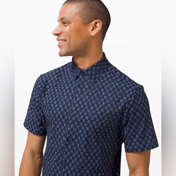 Lululemon Airing Easy Short Sleeve Buttondown IKat Check White True Navy Size S - Picture 3 of 15
